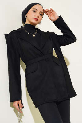 Omuz Pelerinli Süet Ceket Siyah - Thumbnail