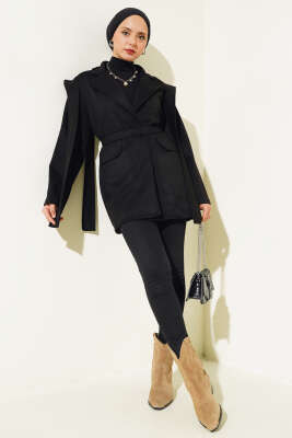 Omuz Pelerinli Süet Ceket Siyah - Thumbnail