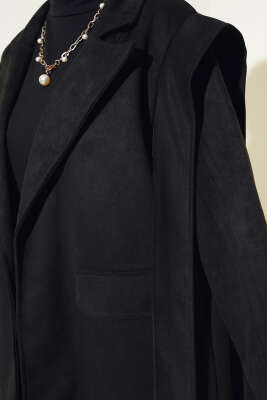 Omuz Pelerinli Süet Ceket Siyah - Thumbnail