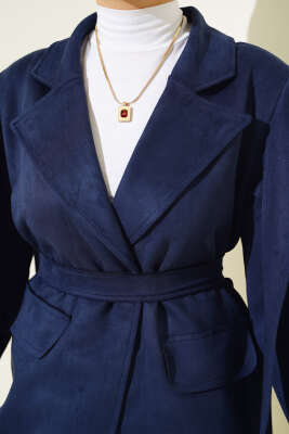 Omuz Pelerinli Süet Ceket Lacivert - Thumbnail