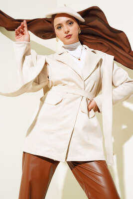 Omuz Pelerinli Süet Ceket Bej - Thumbnail