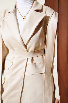 Omuz Pelerinli Süet Ceket Bej - Thumbnail