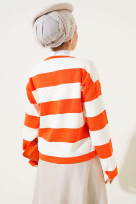 Kalın Çizgili Düğmeli Kısa Triko Hırka Oranj - Thumbnail
