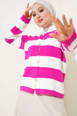 Kalın Çizgili Düğmeli Kısa Triko Hırka Fuşya - Thumbnail