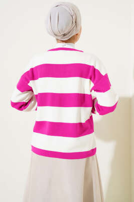 Kalın Çizgili Düğmeli Kısa Triko Hırka Fuşya - Thumbnail