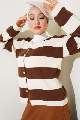 Kalın Çizgili Düğmeli Kısa Triko Hırka Bej - Thumbnail