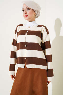 Kalın Çizgili Düğmeli Kısa Triko Hırka Bej - Thumbnail