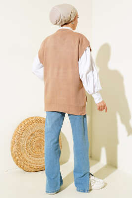 Kalp Nakışlı Triko Süveter Büsküvi - Thumbnail