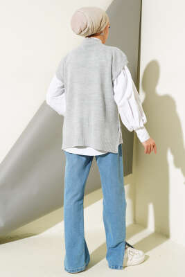 Kalp Nakışlı Triko Süveter Gri - Thumbnail