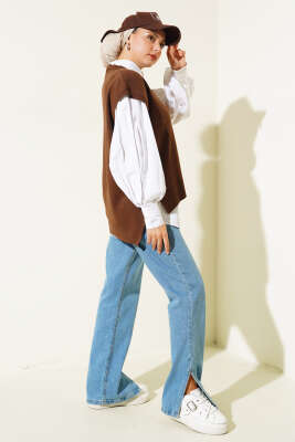 Kalp Nakışlı Triko Süveter Kahve - Thumbnail