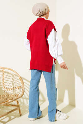 Kalp Nakışlı Triko Süveter Kırmızı - Thumbnail