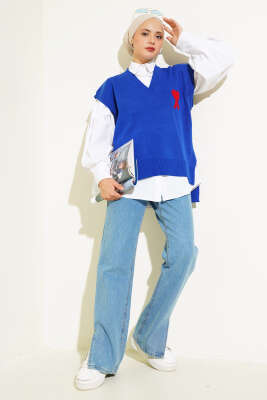 Kalp Nakışlı Triko Süveter Saks - Thumbnail