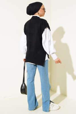 Kalp Nakışlı Triko Süveter Siyah - Thumbnail