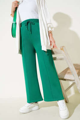 Çımalı Üç İplik Bol Paça Pantolon Yeşil - Thumbnail