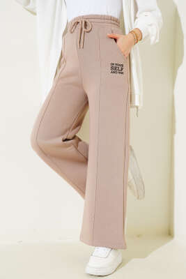 Çımalı Üç İplik Bol Paça Pantolon Latte - Thumbnail