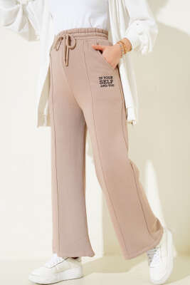 Çımalı Üç İplik Bol Paça Pantolon Latte - Thumbnail