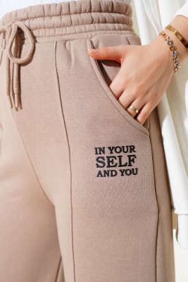 Çımalı Üç İplik Bol Paça Pantolon Latte - Thumbnail