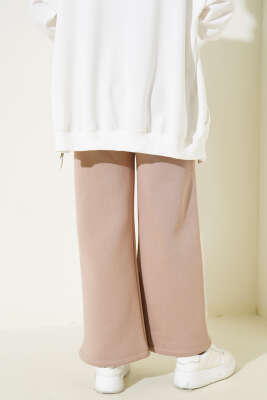 Çımalı Üç İplik Bol Paça Pantolon Latte - Thumbnail