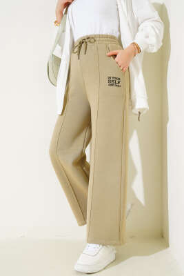 Çımalı Üç İplik Bol Paça Pantolon Haki - Thumbnail