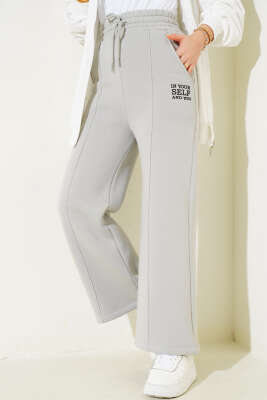 Çımalı Üç İplik Bol Paça Pantolon Gri - Thumbnail