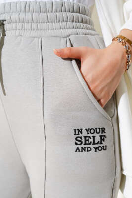 Çımalı Üç İplik Bol Paça Pantolon Gri - Thumbnail