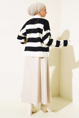 Gold Düğmeli Çizgili Kısa Triko Hırka Bej - Thumbnail