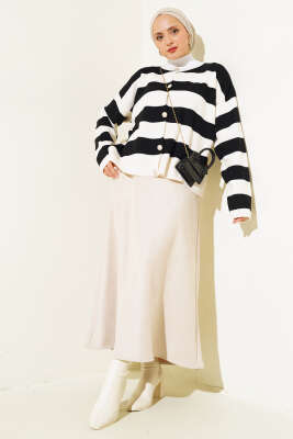 Gold Düğmeli Çizgili Kısa Triko Hırka Bej - Thumbnail