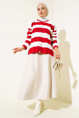 Gold Düğmeli Çizgili Kısa Triko Hırka Kırmızı - Thumbnail