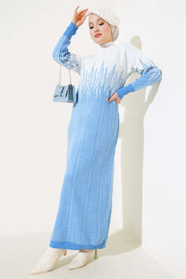 Desenli Taşlı Triko Elbise İndigo - Thumbnail