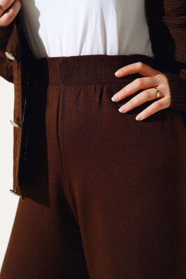 Lastikli Pike Triko Pantolon Kahve - Thumbnail