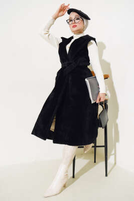 Goldfox Kuşaklı Uzun Yelek Siyah - Thumbnail