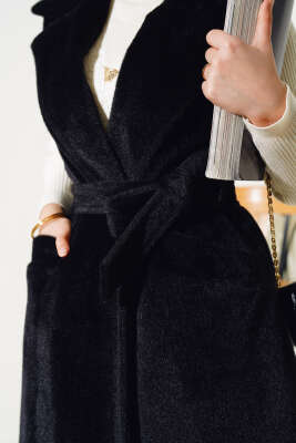 Goldfox Kuşaklı Uzun Yelek Siyah - Thumbnail