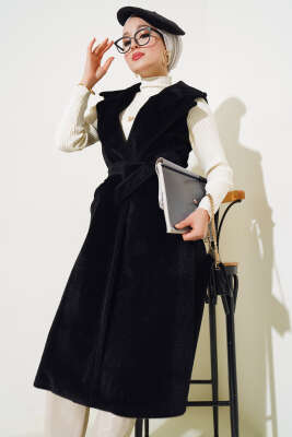 Goldfox Kuşaklı Uzun Yelek Siyah - Thumbnail