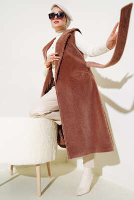 Goldfox Kuşaklı Uzun Yelek Kahve - Thumbnail