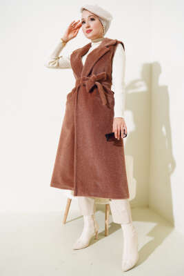 Goldfox Kuşaklı Uzun Yelek Kahve - Thumbnail