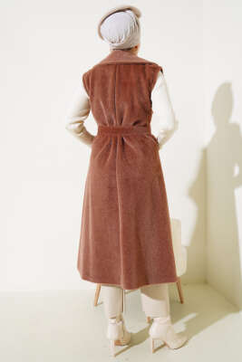 Goldfox Kuşaklı Uzun Yelek Kahve - Thumbnail