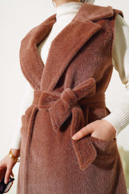 Goldfox Kuşaklı Uzun Yelek Kahve - Thumbnail