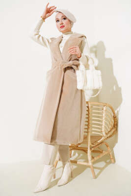 Goldfox Kuşaklı Uzun Yelek Bej - Thumbnail