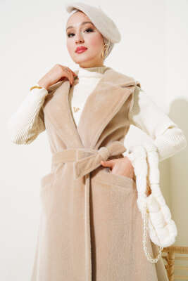 Goldfox Kuşaklı Uzun Yelek Bej - Thumbnail