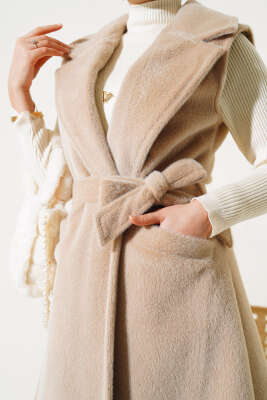 Goldfox Kuşaklı Uzun Yelek Bej - Thumbnail