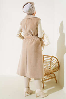 Goldfox Kuşaklı Uzun Yelek Bej - Thumbnail