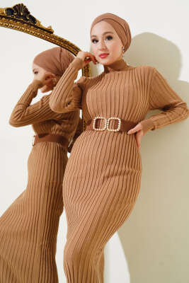 Fitilli Yarım Balıkçı Triko Elbise Büsküvi - Thumbnail