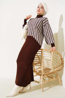 Kazayağı Desen Triko Jile İkili Takım Kahve - Thumbnail