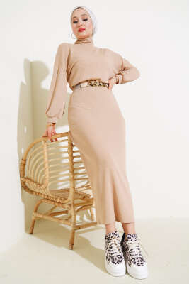 Yarım Boğazlı Fitilli Etekli Takım Bej - Thumbnail