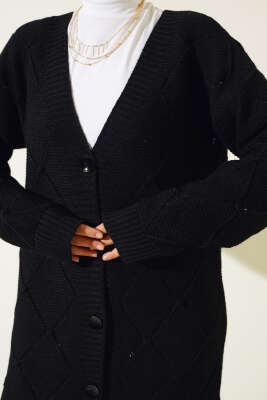 Kabartmalı Düğmeli Uzun Triko Hırka Siyah - Thumbnail