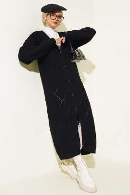 Kabartmalı Düğmeli Uzun Triko Hırka Siyah - Thumbnail