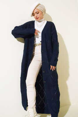 Kabartmalı Düğmeli Uzun Triko Hırka Lacivert - Thumbnail