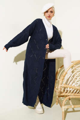 Kabartmalı Düğmeli Uzun Triko Hırka Lacivert - Thumbnail