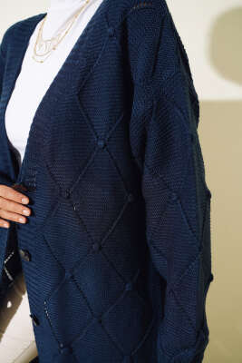 Kabartmalı Düğmeli Uzun Triko Hırka Lacivert - Thumbnail