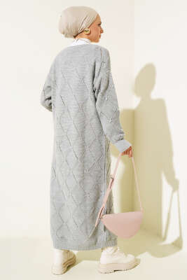 Kabartmalı Düğmeli Uzun Triko Hırka Gri - Thumbnail